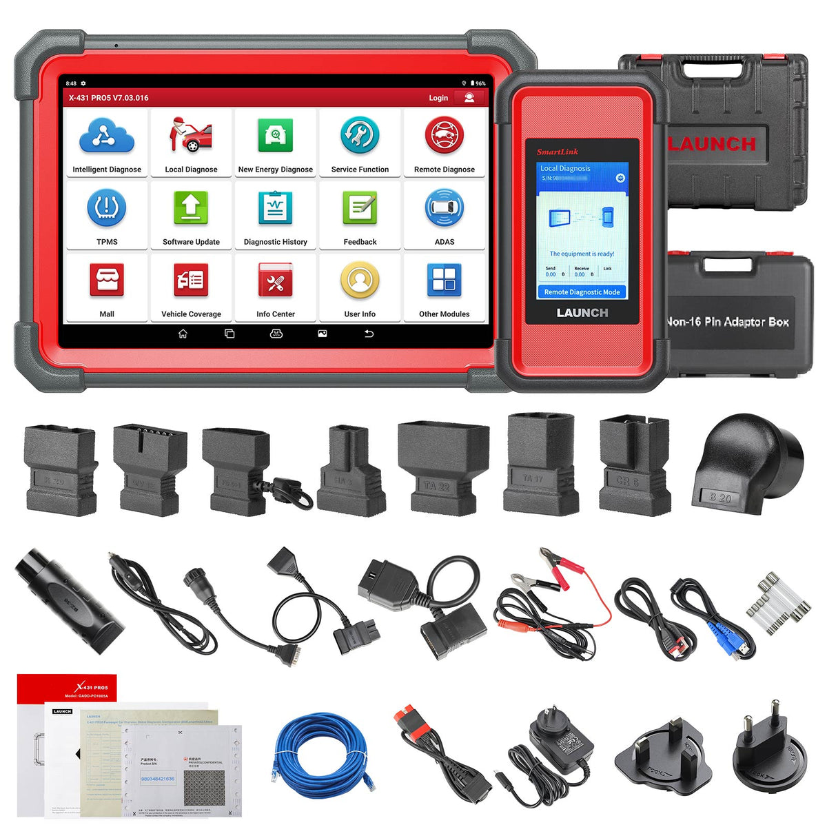 Launch X431 PRO 5 tablet with SmartLink wireless VCI, adapters and cables