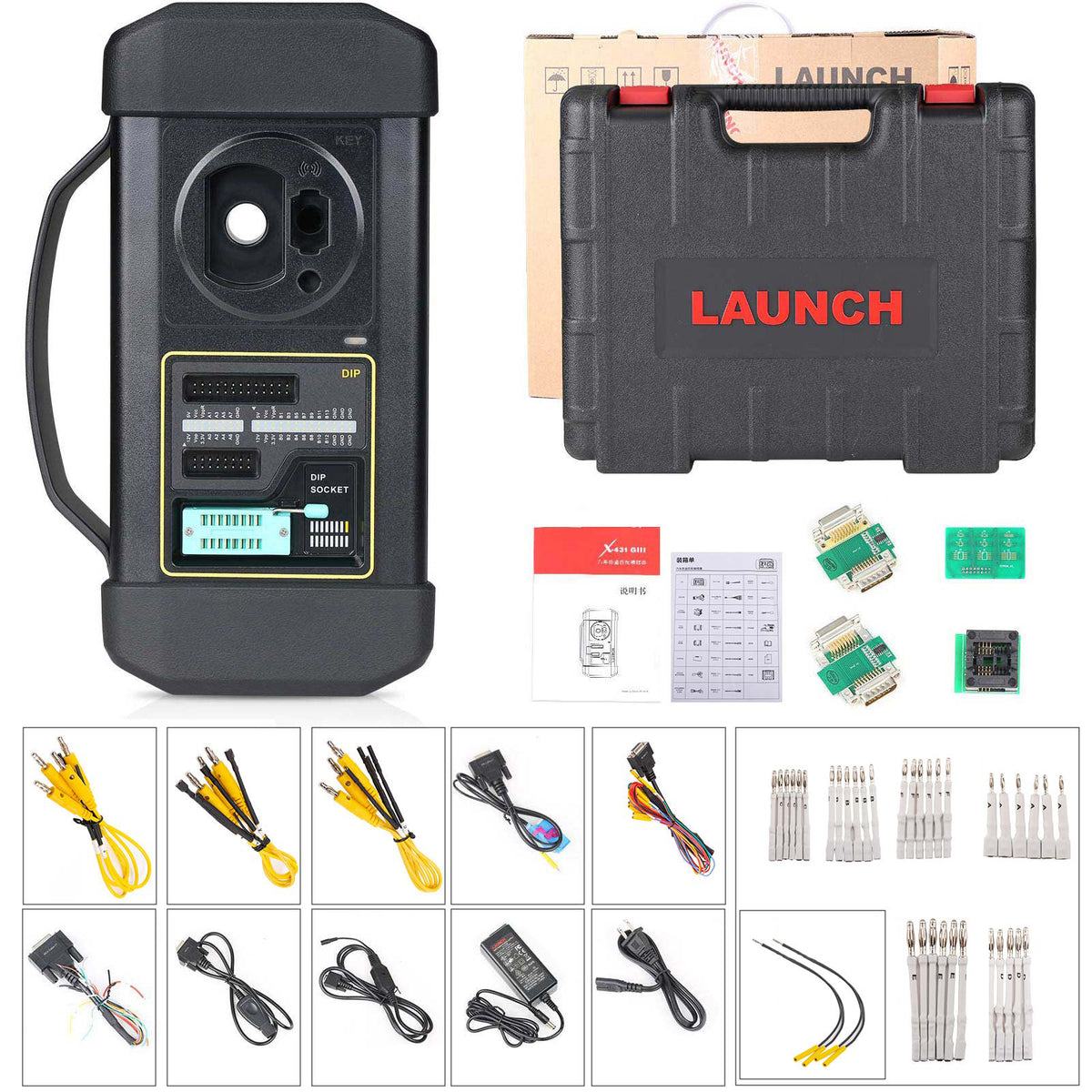Launch X-PROG 3 full kit: main unit, carry case, MCU and EEPROM adapters, cables and manual